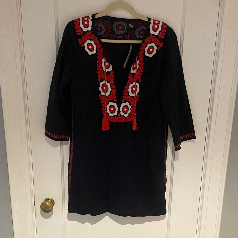 Navy Blue Dress with Red and White Embroidery